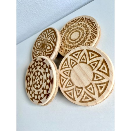 Tribal Pattern Wooden Cotton Rope Coasters, Set of 4 pcs, Beige Neutral Bohemian Table Decor for Drinks