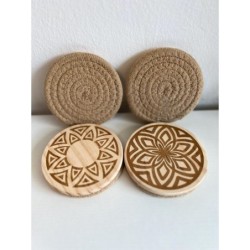 Tribal Pattern Wooden Cotton Rope Coasters, Set of 4 pcs, Beige Neutral Bohemian Table Decor for Drinks