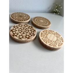 Tribal Pattern Wooden Cotton Rope Coasters, Set of 4 pcs, Beige Neutral Bohemian Table Decor for Drinks