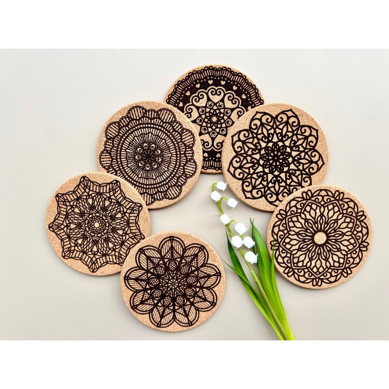 Crochet Pattern Cork Coasters, Set of 6 pcs, 7th wedding anniversary gift, natural sustainable material, New Home Gift