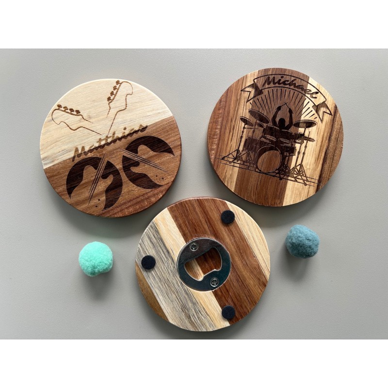 Music Lover Gift - Wooden Coaster Bottle Opener with Custom Name - Rockstar Party Favor - Beer Themed