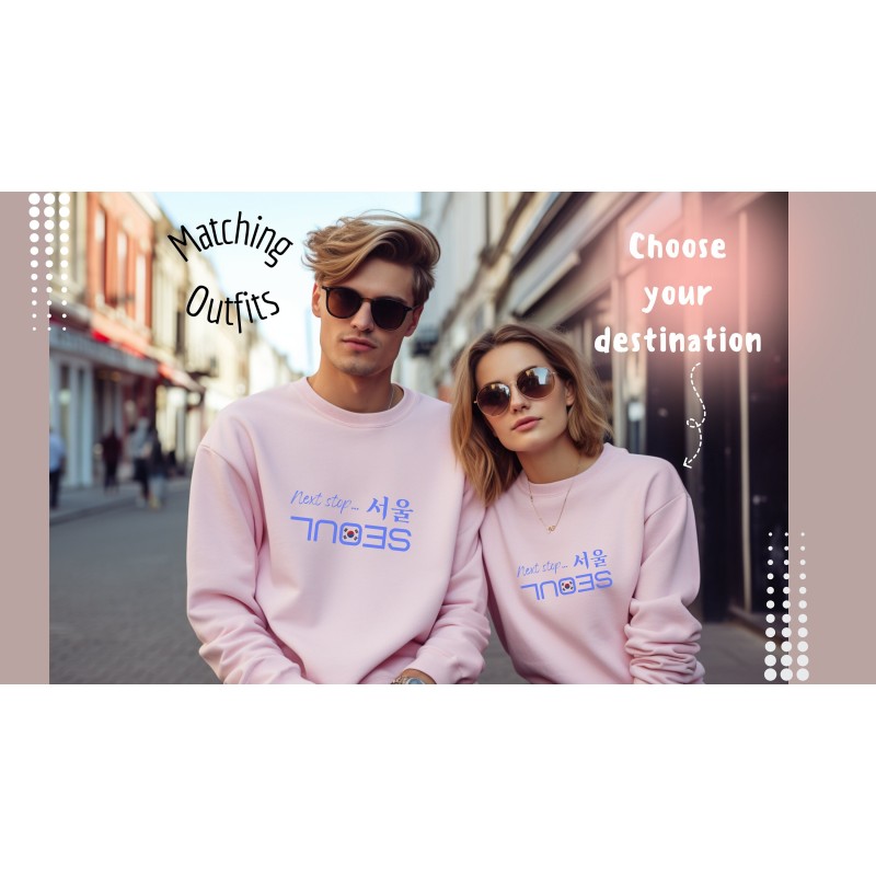 Next stop “Seoul“ Sweatshirt, Your Destination“ minimalist crewneck shirt, graphic sweater for travel blogger, Korean characters