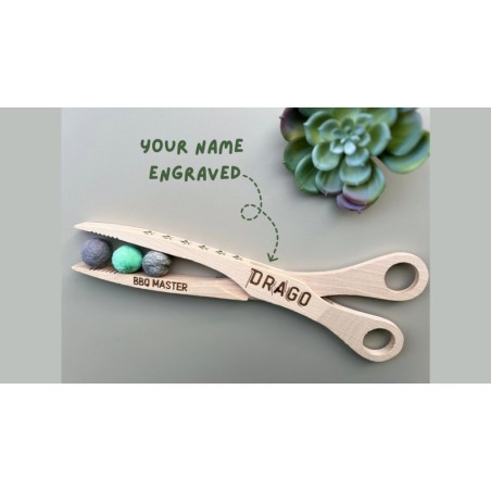 Personalized BBQ Scissor Tongs - Custom Name & Design | Wooden Grill Clips for Meat, Veggies and Fish