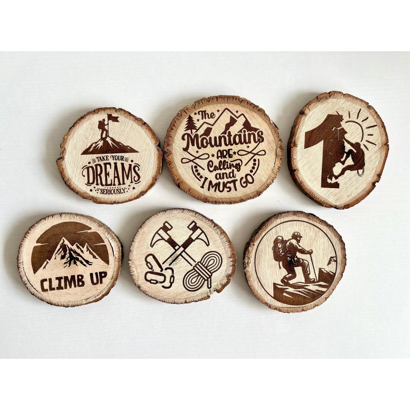 Hiking Climbing Theme Wooden Coasters with Bark, Set of 6 pcs, 5th wedding anniversary gift for him, Mountain Rock Sport, Outdoo