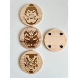 Kabuki Characters Wooden Coasters, Set of 4 pcs, 5th wedding anniversary gift, Traditional Japanese Theater Noh