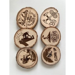 Hiking Climbing Theme Wooden Coasters with Bark, Set of 6 pcs, 5th wedding anniversary gift for him, Mountain Rock Sport, Outdoo