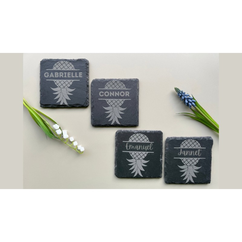 Slate Coaster Upside Down Pineapple personalizable with names, pineapple in different languages, iykyk, barware, drinkware, rock