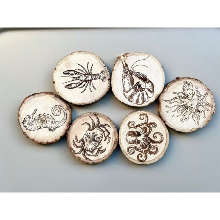 Under Sea World Wooden Coasters with Bark, Set of 6 pcs, 5th wedding anniversary gift, 6th anniversary present,