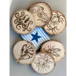 Under Sea World Wooden Coasters with Bark, Set of 6 pcs, 5th wedding anniversary gift, 6th anniversary present,