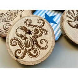 Under Sea World Wooden Coasters with Bark, Set of 6 pcs, 5th wedding anniversary gift, 6th anniversary present,