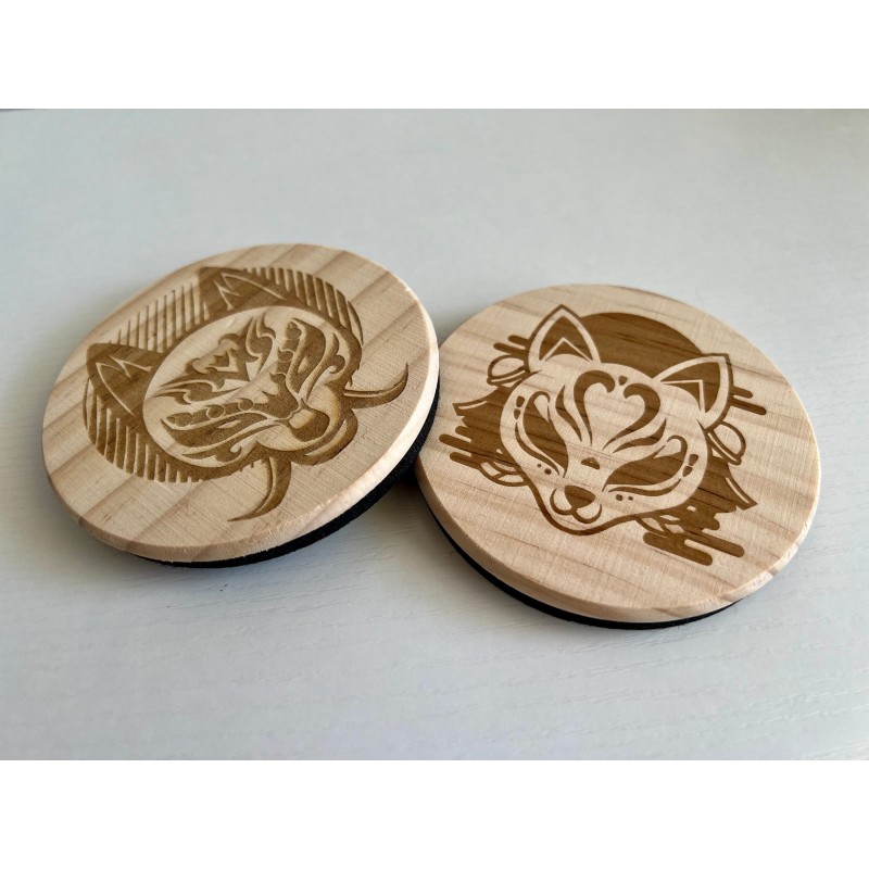 Kitsune Fox Face Wooden Felt Coasters, Set of 2 pcs, 5th wedding anniversary gift, 7th anniversary present