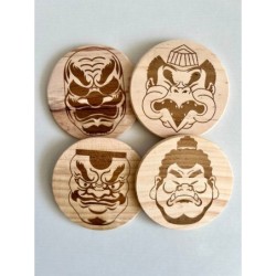 Kabuki Characters Wooden Coasters, Set of 4 pcs, 5th wedding anniversary gift, Traditional Japanese Theater Noh