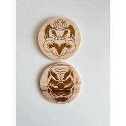 Kabuki Characters Wooden Coasters, Set of 4 pcs, 5th wedding anniversary gift, Traditional Japanese Theater Noh