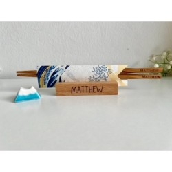 Personalized Engraved Chopsticks with Custom Wooden Stand, Fuji Mountain Ceramic Rest & Ukiyoe Chiogami Origami Wrap – Perfect G