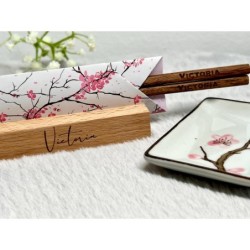 Personalized Japanese Chopsticks Set with Wooden Stand, Origami Wrap, Sticks Rest & Soy Sauce Dish – Unique Gift for Japanese Cu