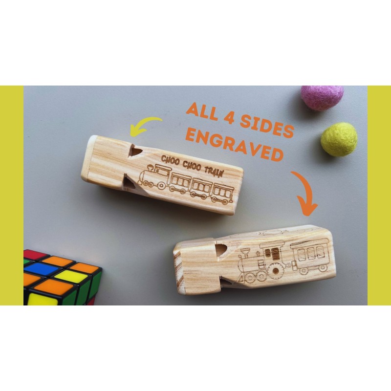 Wooden Train Sound Whistle with Custom Name - Eco-Friendly Toy for Indoor and Outdoor Play - All 4 Sides Engraved