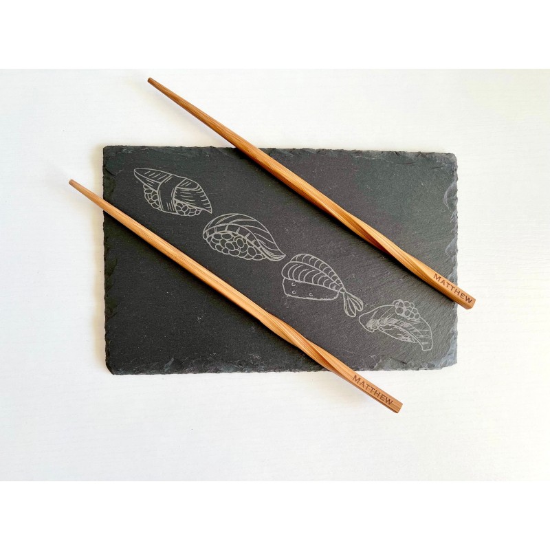 Slate Sushi Serving Plate Set with Custom Chopsticks - Elegant Nigiri Tray for Sashimi, Maki, Ikura, Onigiri