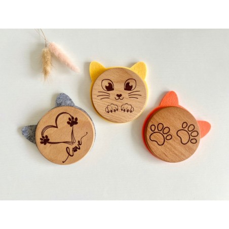 Wooden Cat Coasters with Felt Ears – Engraved Cat Face, Paw, and Heart Designs – Cute Cat Lover Gift, Animal-Themed Home Decor