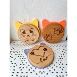 Wooden Cat Coasters with Felt Ears – Engraved Cat Face, Paw, and Heart Designs – Cute Cat Lover Gift, Animal-Themed Home Decor