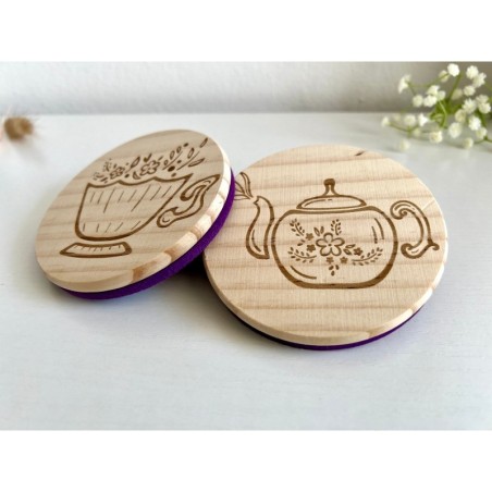 Herbal Tea Wooden Felt Coasters, Set of 2 pcs, 5th wedding anniversary gift, 7th anniversary present, Refreshing Fruit Tea Drink