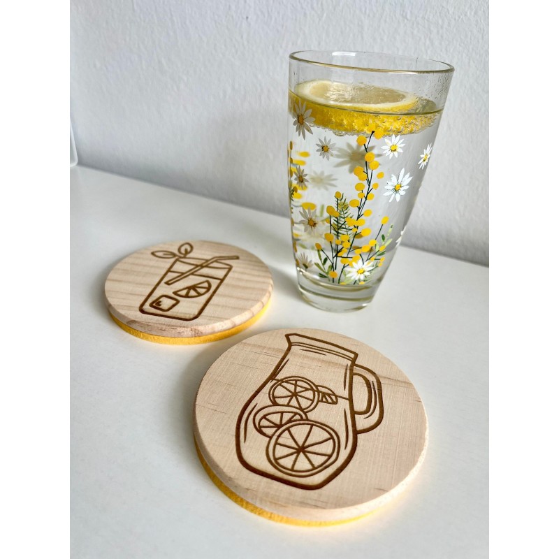 Lemonade Wooden Felt Coasters, Set of 2 pcs, 5th wedding anniversary gift, 7th anniversary present, Refreshing Citrus Lemon Drin