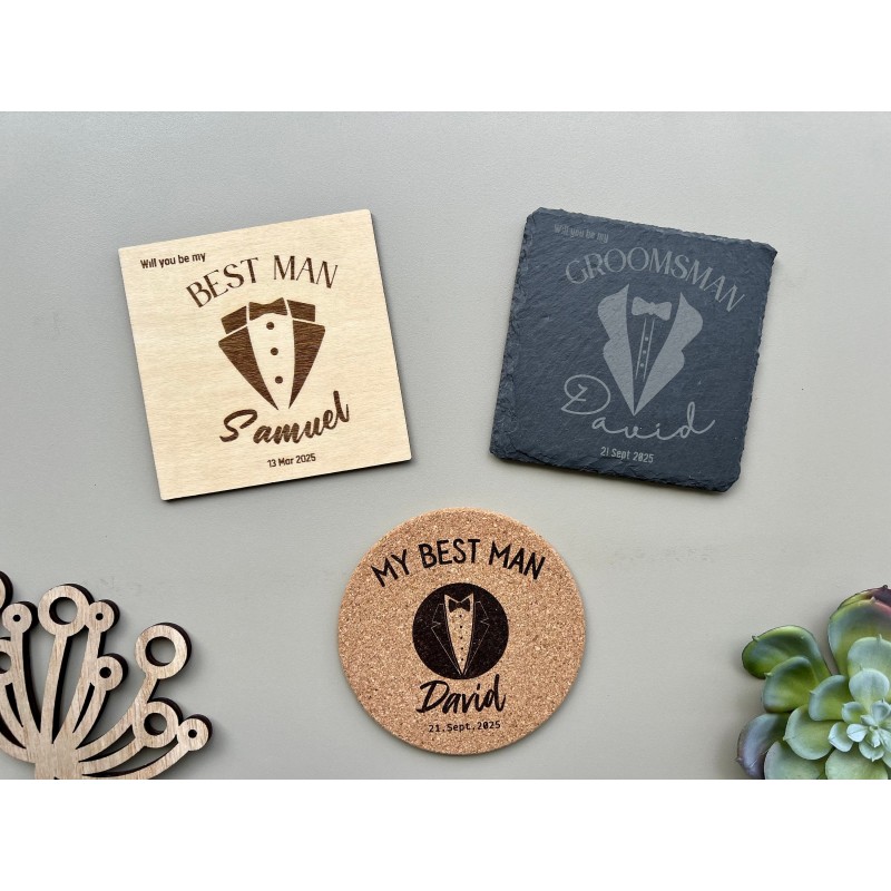 Groomsmen Best Man Proposal Coaster - Custom Wedding Invitation, Bachelor Party Favor, Personalized Wooden/Cork/Slate Coaster, U