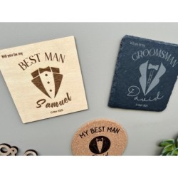 Groomsmen Best Man Proposal Coaster - Custom Wedding Invitation, Bachelor Party Favor, Personalized Wooden/Cork/Slate Coaster, U