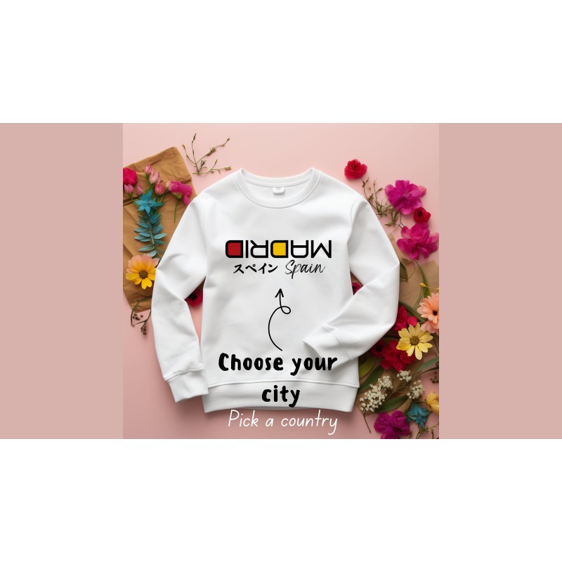 Madrid Spain Sweatshirt, „Choose your city“ jumper, unisex minimalist Y2K sweater, graphic crewneck shirt, Japanese kanji kataka