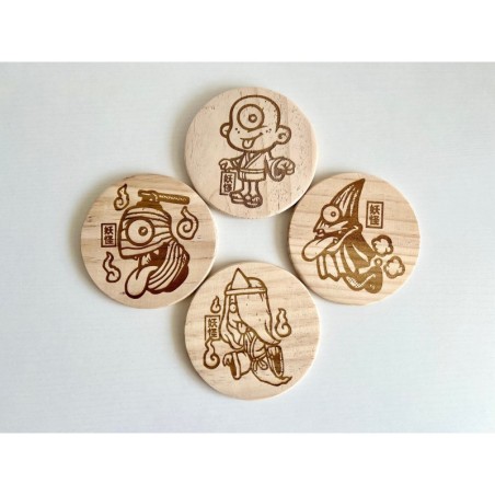 Yokai Wooden Coasters, Set of 4 pcs, 5th wedding anniversary gift, Supernatural Beings,