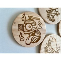 Yokai Wooden Coasters, Set of 4 pcs, 5th wedding anniversary gift, Supernatural Beings,