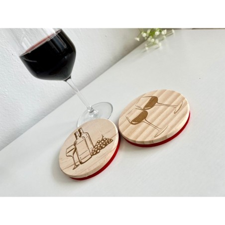 Glass & Bottle of Wine Wooden Felt Coasters, Set of 2 pcs, 5th wedding anniversary gift, 7th anniversary present, Cabernet Sauvi