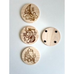 Yokai Wooden Coasters, Set of 4 pcs, 5th wedding anniversary gift, Supernatural Beings,