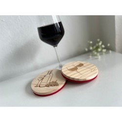 Glass & Bottle of Wine Wooden Felt Coasters, Set of 2 pcs, 5th wedding anniversary gift, 7th anniversary present, Cabernet Sauvi