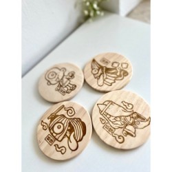 Yokai Wooden Coasters, Set of 4 pcs, 5th wedding anniversary gift, Supernatural Beings,