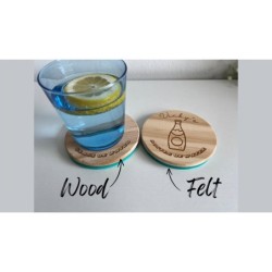 Glass & Bottle of Water Wooden Felt Coasters, Set of 2 pcs, 5th wedding anniversary gift, 7th anniversary present, Sparkling Wat