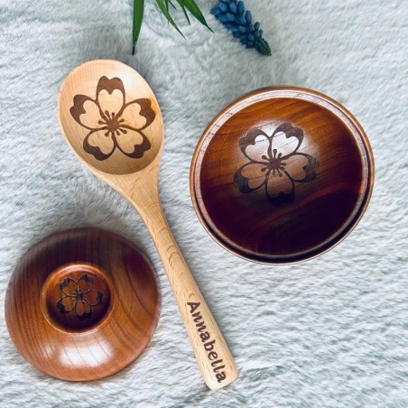 Personalized Wooden Miso Soup or Rice Bowl and Spoon Set with Cherry Blossom Engraving – Custom Japanese-Inspired Kitchenware Gi