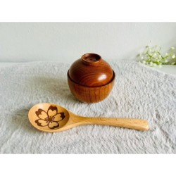 Personalized Wooden Miso Soup or Rice Bowl and Spoon Set with Cherry Blossom Engraving – Custom Japanese-Inspired Kitchenware Gi