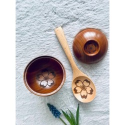 Personalized Wooden Miso Soup or Rice Bowl and Spoon Set with Cherry Blossom Engraving – Custom Japanese-Inspired Kitchenware Gi