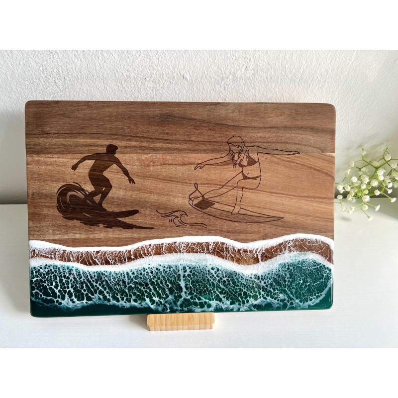 Surfer Cutting Board with Male and Female Figure, Acacia Wood with Resin, custom name engraved, ocean wave epoxy, beach-themed s