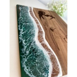 Surfer Cutting Board with Male and Female Figure, Acacia Wood with Resin, custom name engraved, ocean wave epoxy, beach-themed s