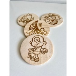 Yokai Wooden Coasters, Set of 4 pcs, 5th wedding anniversary gift, Supernatural Beings,