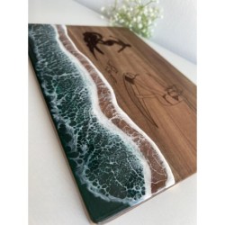 Surfer Cutting Board with Male and Female Figure, Acacia Wood with Resin, custom name engraved, ocean wave epoxy, beach-themed s