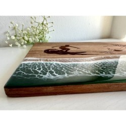 Surfer Cutting Board with Male and Female Figure, Acacia Wood with Resin, custom name engraved, ocean wave epoxy, beach-themed s