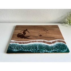 Surfer Cutting Board with Male and Female Figure, Acacia Wood with Resin, custom name engraved, ocean wave epoxy, beach-themed s