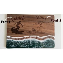 Surfer Cutting Board with Male and Female Figure, Acacia Wood with Resin, custom name engraved, ocean wave epoxy, beach-themed s