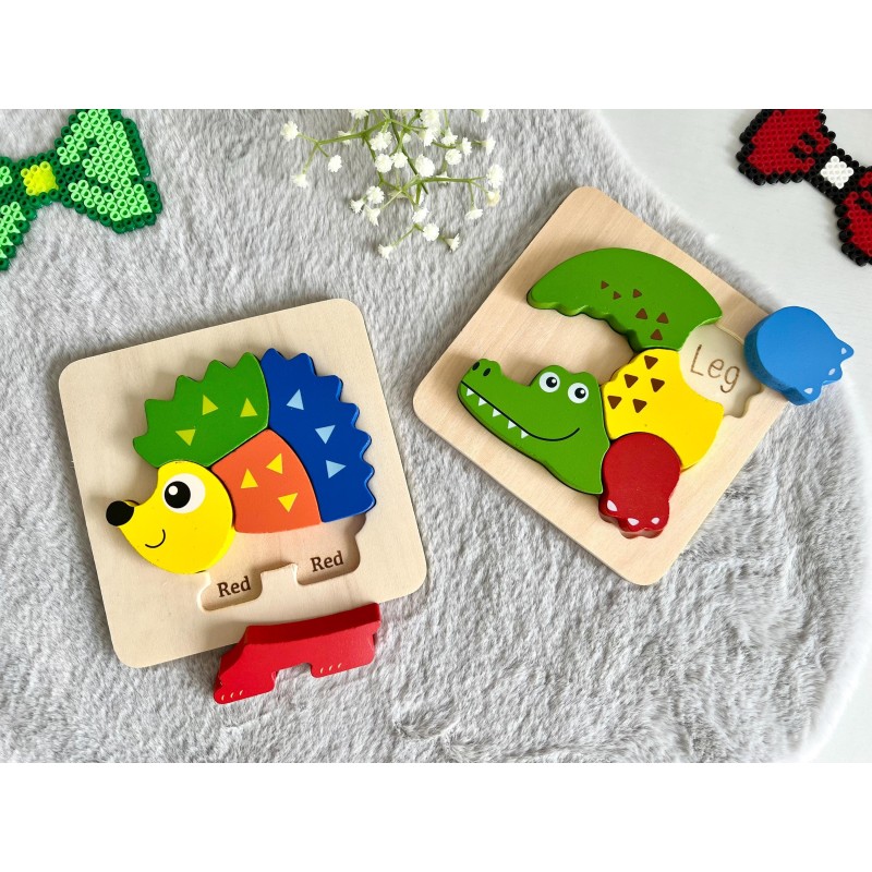 Wooden Puzzle Hedgehog or Crocodile, Eco-Friendly Toy with Colors or Body Parts Sorting, Indoor Entertainment, Developmental Toy