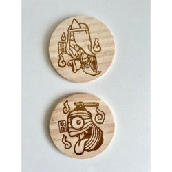 Yokai Wooden Coasters, Set of 4 pcs, 5th wedding anniversary gift, Supernatural Beings,