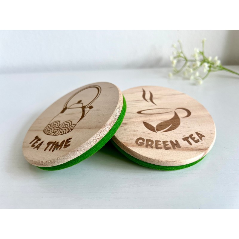 Green Tea Wooden Felt Coasters, Set of 2 pcs, 5th wedding anniversary gift, 7th anniversary present, Matcha Lover Gift