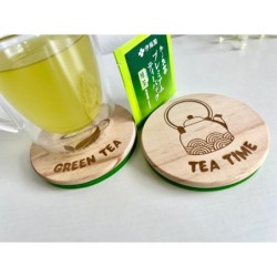 Green Tea Wooden Felt Coasters, Set of 2 pcs, 5th wedding anniversary gift, 7th anniversary present, Matcha Lover Gift