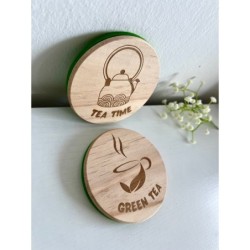 Green Tea Wooden Felt Coasters, Set of 2 pcs, 5th wedding anniversary gift, 7th anniversary present, Matcha Lover Gift